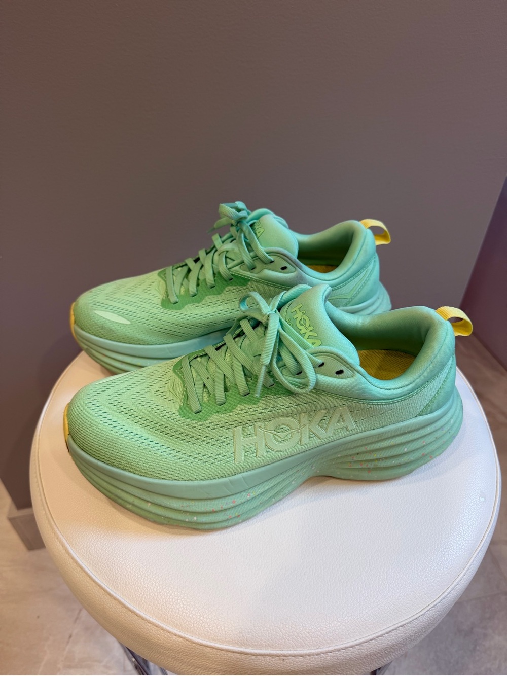 Hoka Women’s Mint Green Athletic Running Shoes with Yellow Pull Tabs
